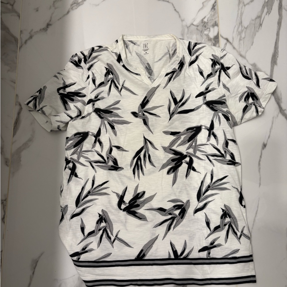 INC International Concepts Black and White Leaf Print Shirt